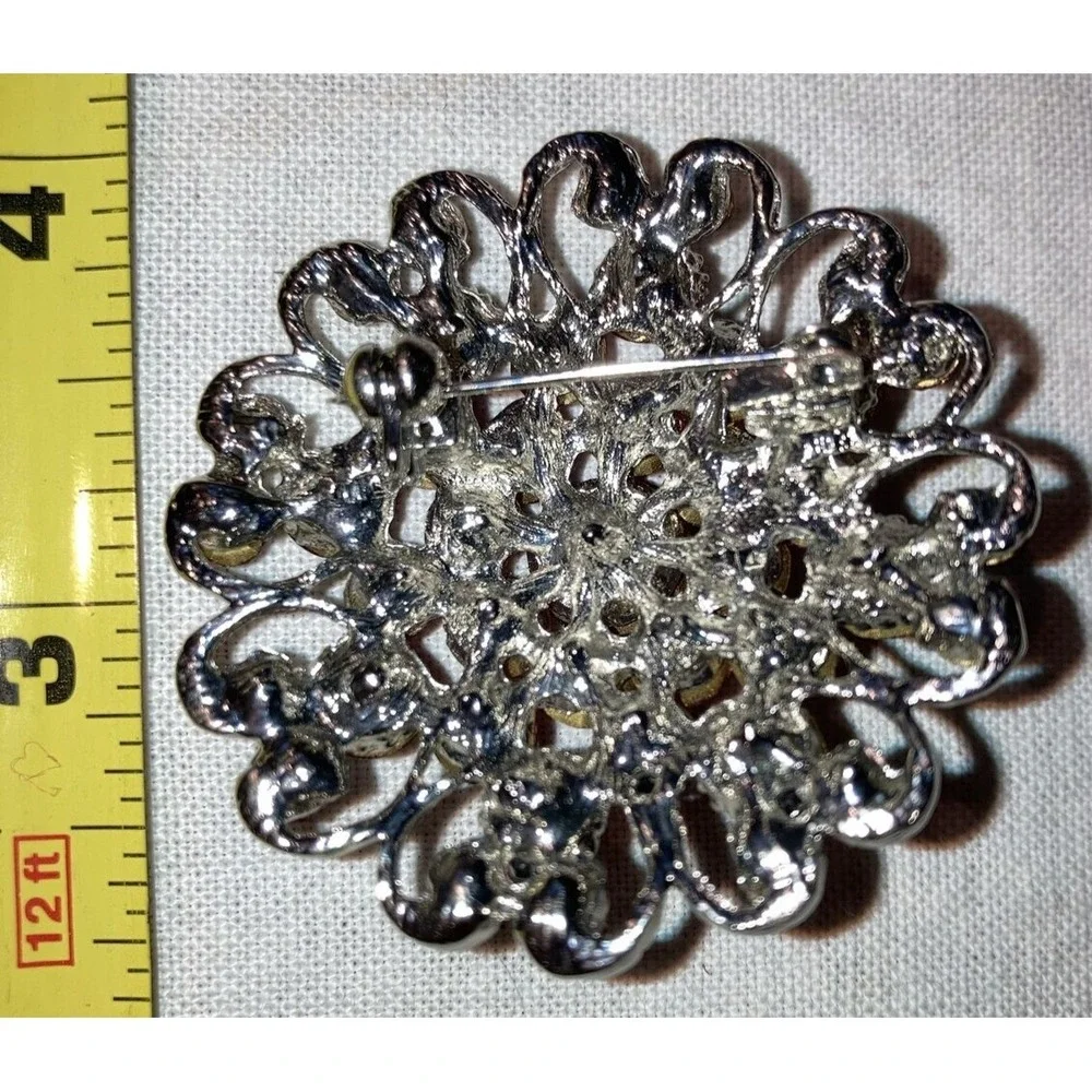 SILVERTONE HEART FLOWER BROOCH PINK Aurora‎ Borealis RHINESTONE